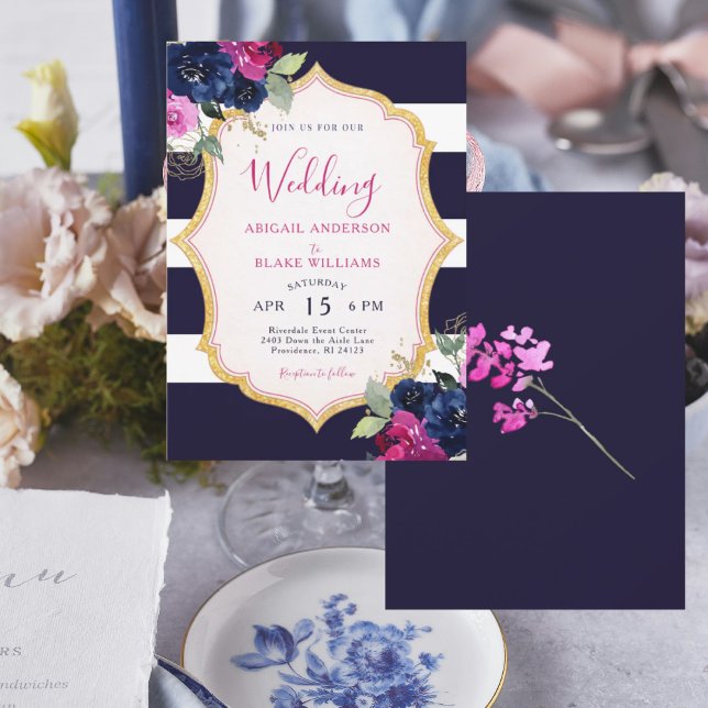 Navy & Fuchsia Floral Wedding Inbjudningar (Skapare uppladdad)