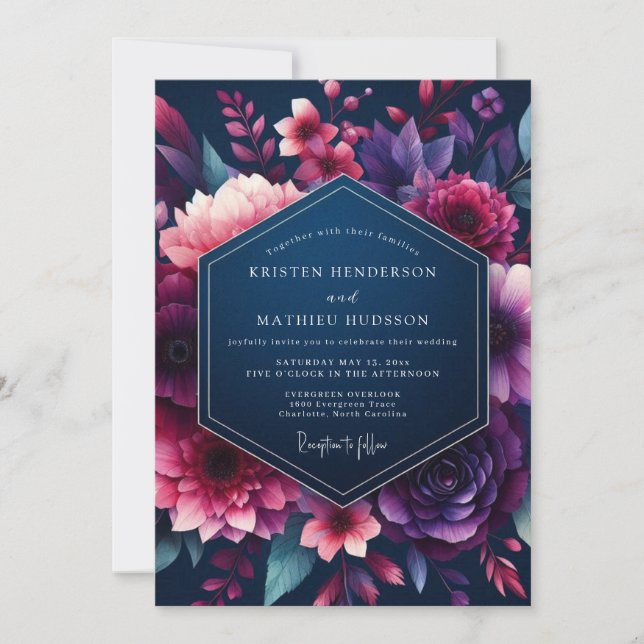 Navy & Fuchsia Livlig Blommande Bröllop Inbjudningar (Framsida)