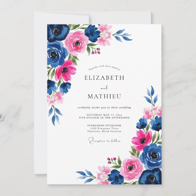 Navy Fuchsia Watercolor Romantic Wedding Inbjudningar (Framsida)