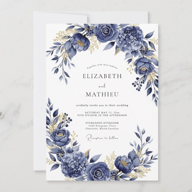 Navy Gilded Bloom Romance Wedding Inbjudningar (Framsida)