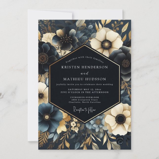 Navy Gilded Floral Wedding Inbjudningar (Framsida)