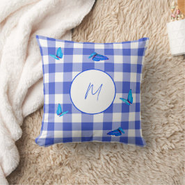 Navy Gingham Fjäril Elegant Monogram Kudde