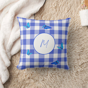 Navy Gingham Fjäril Elegant Monogram Kudde
