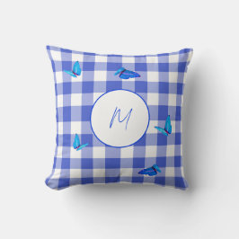 Navy Gingham Fjäril Elegant Monogram Kudde