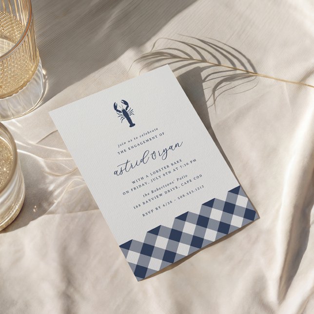 Navy Gingham | Lobster Bake Förlovningsfest Inbjudningar (Coastal lobster engagement party invitations)
