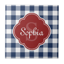 Navy Gingham Red Quatrefoil Monogram