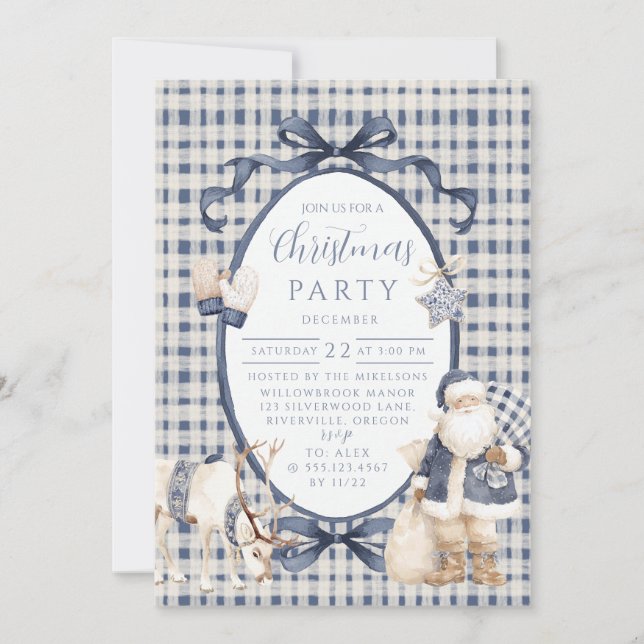 Navy Gingham Santa Christmas Inbjudningar (Framsida)