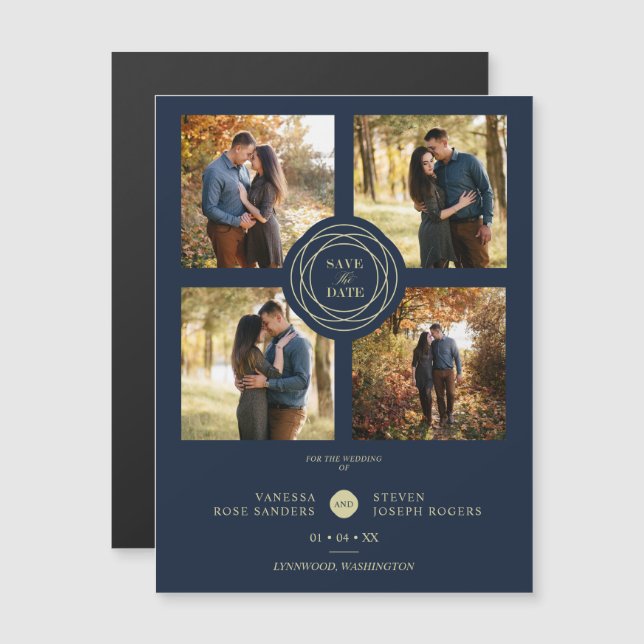 Navy Gold 4 Photos Modern Collage Wedding Script (Fram/baksida)