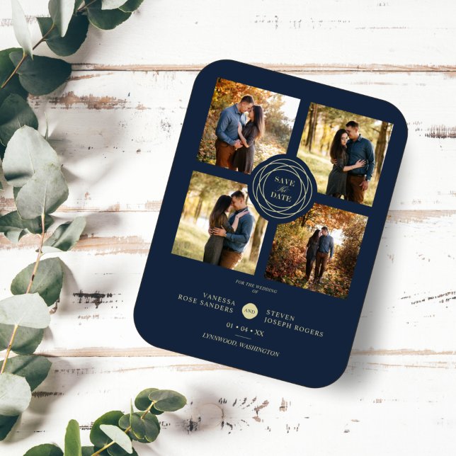 Navy Gold 4 Photos Modern Collage Wedding Script Magnet (Skapare uppladdad)