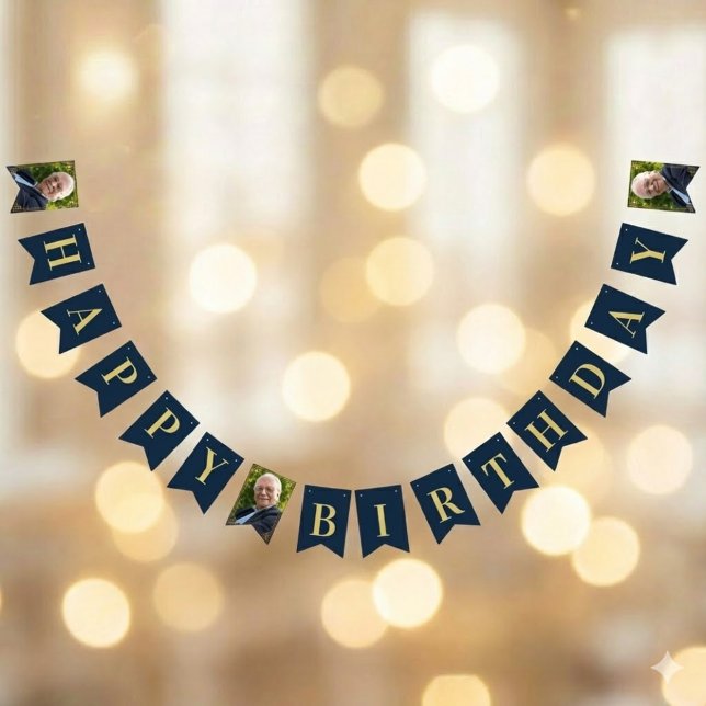 Navy Gold 80th Birthday Photo Happy Birthday Vimplar (Skapare uppladdad)