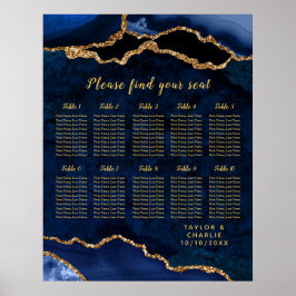 Navy Gold Agate Bröllopsplatskarta 10 Bord Poster