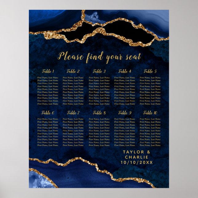 Navy Gold Agate Bröllopsplatskarta 10 Bord Poster (Framsidan)