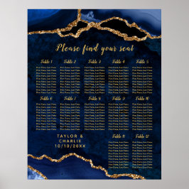 Navy Gold Agate Bröllopsplatskarta 12 Bord Poster