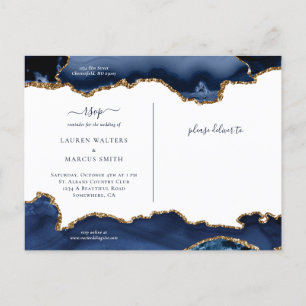 Navy Gold Agate Geode Ädelsten Bröllopsannonsering Meddelande Vykort