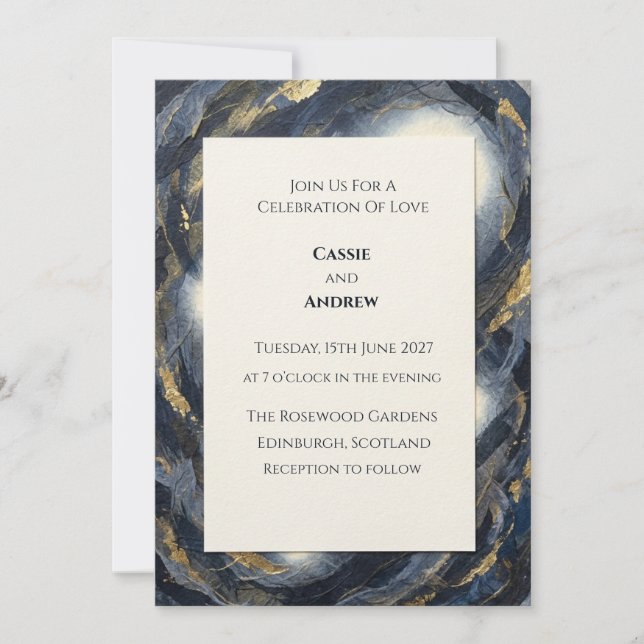 Navy Gold Agate Marble Abstrakt Bröllop Inbjudningar (Framsida)