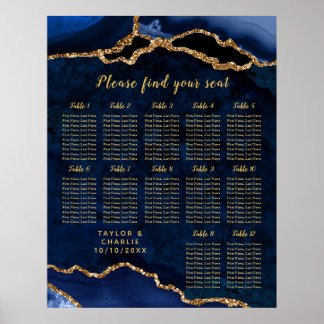 Navy Gold Agate Wedding Seating Chart 12 Table Poster