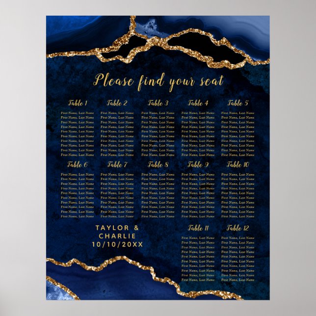 Navy Gold Agate Wedding Seating Chart 12 Table Poster (Framsidan)