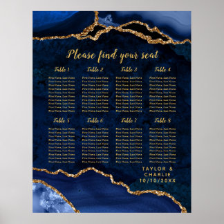 Navy Gold Agate Wedding Seating Chart 8 Table Poster