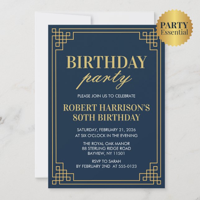 Navy Gold Art Deco 80th Birthday Party Invitation Inbjudningar (Skapare uppladdad)