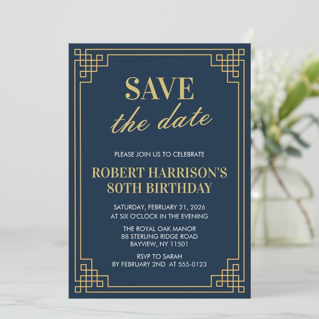 Navy Gold Art Deco 80th Birthday Save the Date Inbjudningar (Skapare uppladdad)