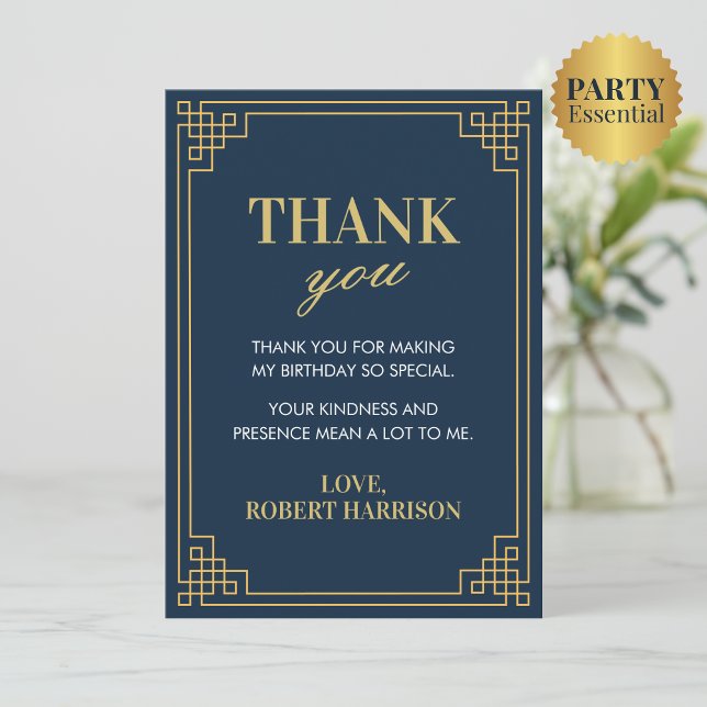 Navy Gold Art Deco 80th Birthday Thank You Card Tack Kort (Skapare uppladdad)