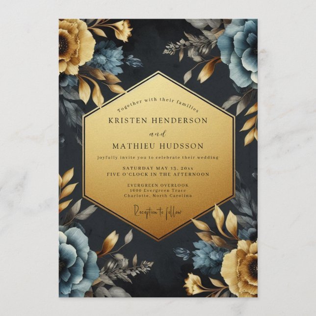 Navy Gold Baroque Bloom Wedding Inbjudningar (Framsida)