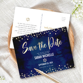 Navy Gold Bat Mitzvah Spara datum Modern Script Inbjudan Vykort