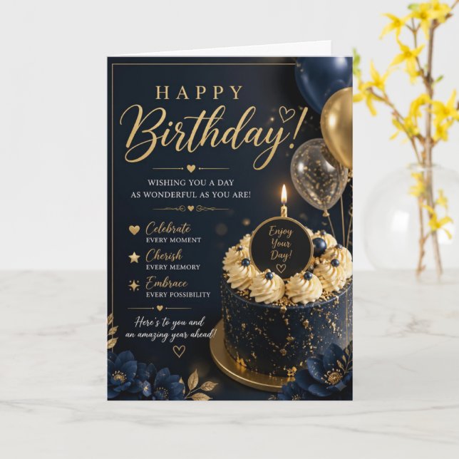 Navy Gold Blommig Tårta Födelsedags Kort (Gul blomma)