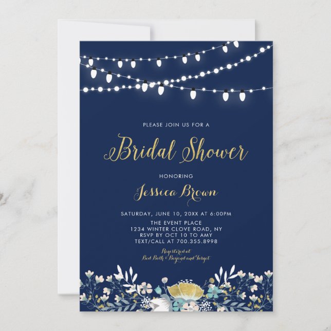 Navy & Gold Boho Blommig Bröllopsbröllopsfest Inbj Inbjudningar (Framsida)