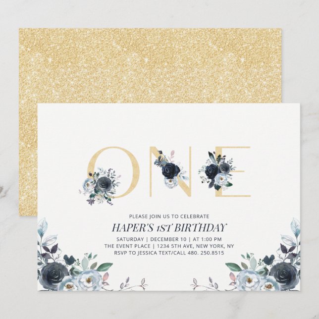 Navy & Gold Boho Blommig Första 1:a Födelsedagsfes Inbjudningar (Fram/baksida)