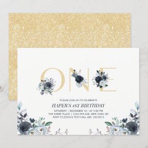 Navy & Gold Boho Blommig Första 1:a Födelsedagsfes Inbjudningar