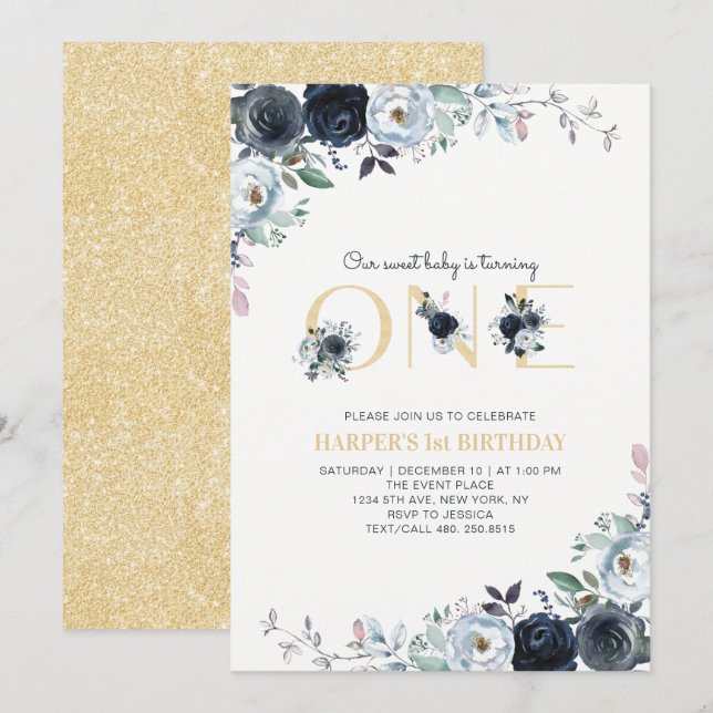 Navy & Gold Boho Blommig Första Födelsedagsfest Inbjudningar (Fram/baksida)