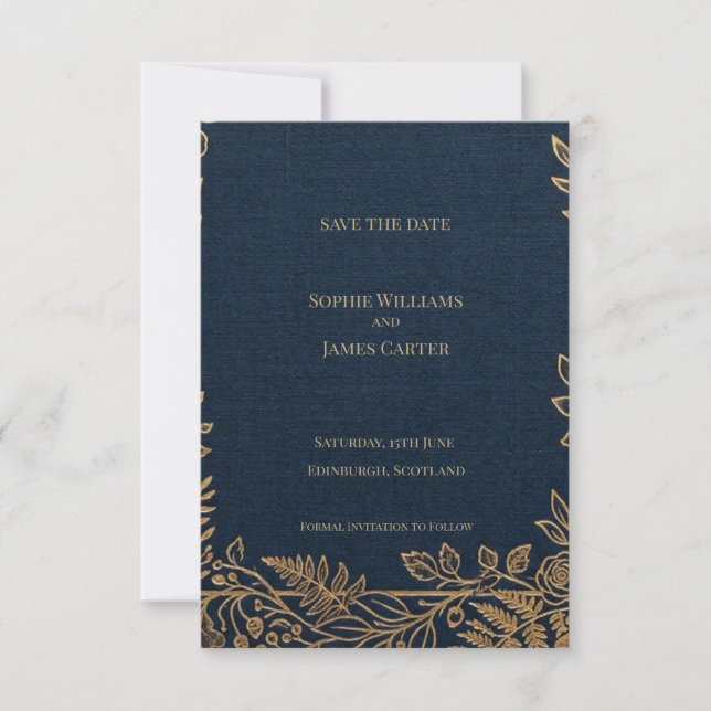 Navy Gold Botanical Save The Date-kort Spara Datumet (Framsida)