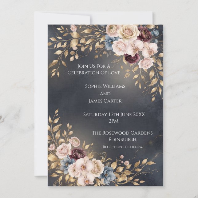 Navy Gold Botanisk Bröllopsinbjudan Inbjudningar (Framsida)