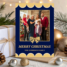 Navy & Gold Bow Scalloped Family Christmas Photo Julkort
