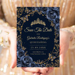 Navy Gold Butterflies Roses Quinceanera Spara Datumet<br><div class="desc">Navy Blue and gold Quinceanera celebration Save The Date card. Features,  script font,  butterflies,  watercolor roses and tiara. Perfect for an elegant princess style glam celebration. Personalize with your own details. Printed Zazzle cards or instant download digital printable template.</div>