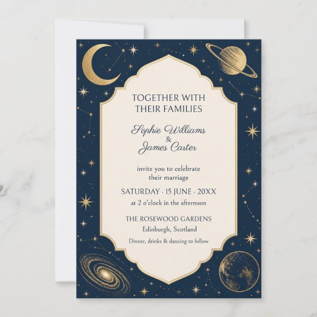 Navy Gold Celestial Galaxy Bröllopsinbjudan Inbjudningar (Framsida)