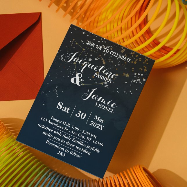 Navy & Gold Celestial Wedding Invitation Template Inbjudningar (Navy and Gold Night Sky Wedding Invitation Template)