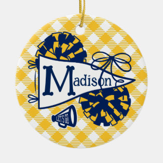 Navy Gold Cheer-led Pennant Gingham Personlig Julgransprydnad Keramik
