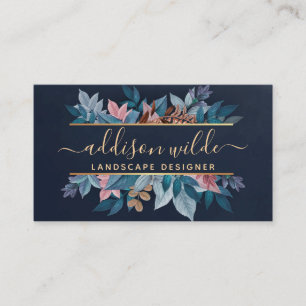 Navy Gold Chic Botaniska blad Modernt lövverk Visitkort