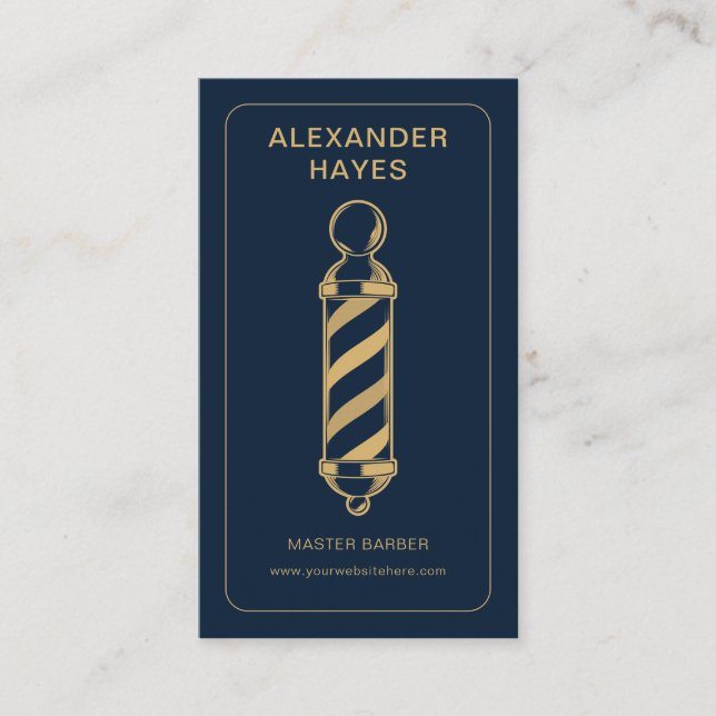 Navy Gold Classic Pole Master Barber Visitkort (Framsida)