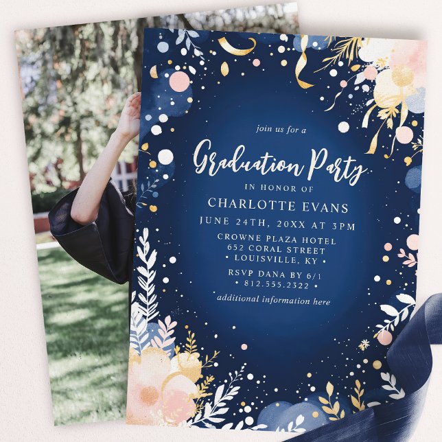 Navy Gold Confetti Floral Graduation Party Inbjudningar (Skapare uppladdad)