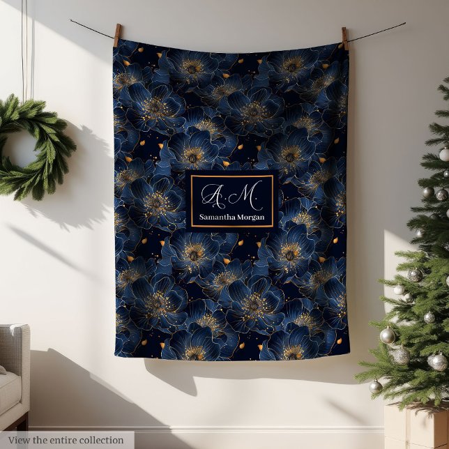 Navy Gold Custom Blanket Lux Floral Throw Style Fleecefilt (Navy Gold Custom Blanket Lux Floral Throw Style)