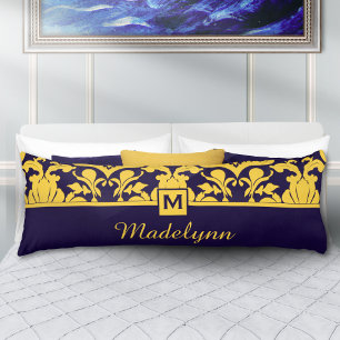 Navy Gold Damask Monogram Personligt Namn Kroppskudde