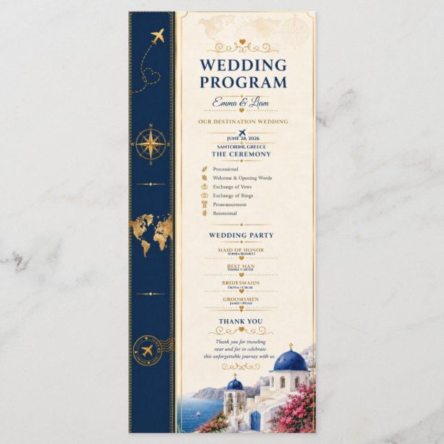 Navy Gold Destination Bröllopsprogram Program (Framsida)