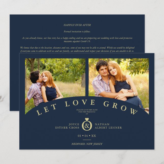 Navy Gold Elegant 2 Photos let Love Grow Wedding (Fram/baksida)