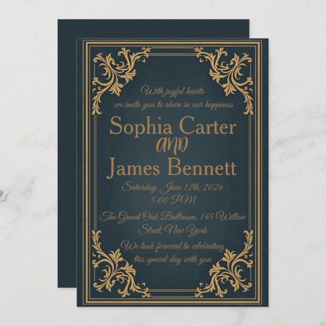 Navy Gold Elegant Formal Wedding Invitation Inbjudningar (Fram/baksida)