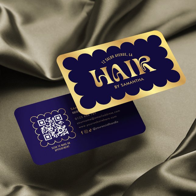 Navy & Gold Elegant Modern QR Code Hair Stylist Visitkort (Skapare uppladdad)