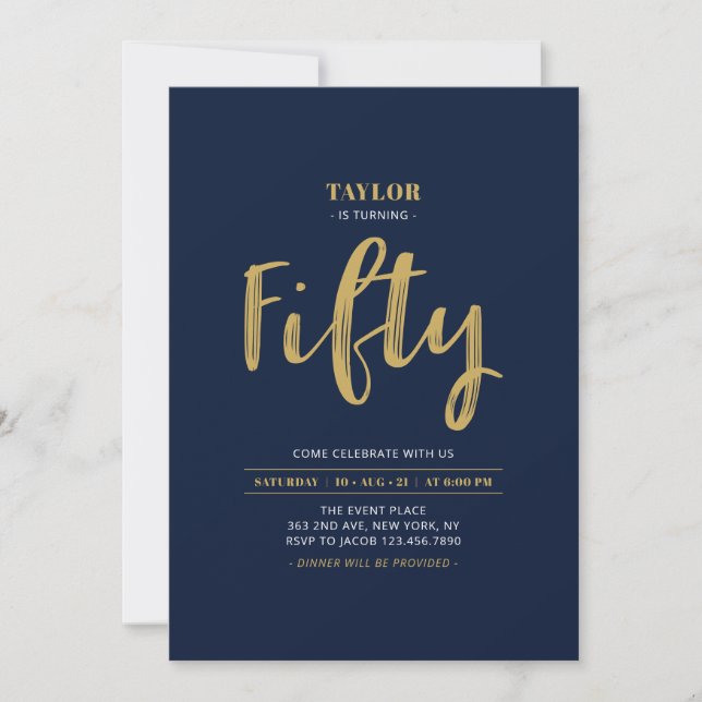 Navy & Gold Enkel Femtio 50-årsfest Inbjudningar (Framsida)
