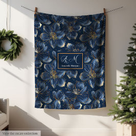 Navy Gold Floral Blanket Chic Personalized Gift Fleecefilt